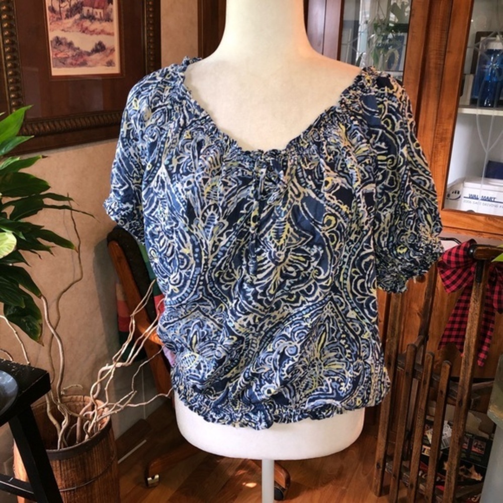 CHAPS SIZE 1X BLUE TOP WITH SHORT BALLOON SLEEVE